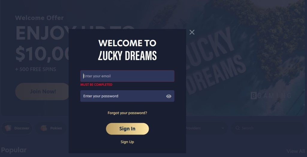 lucky dreams login form